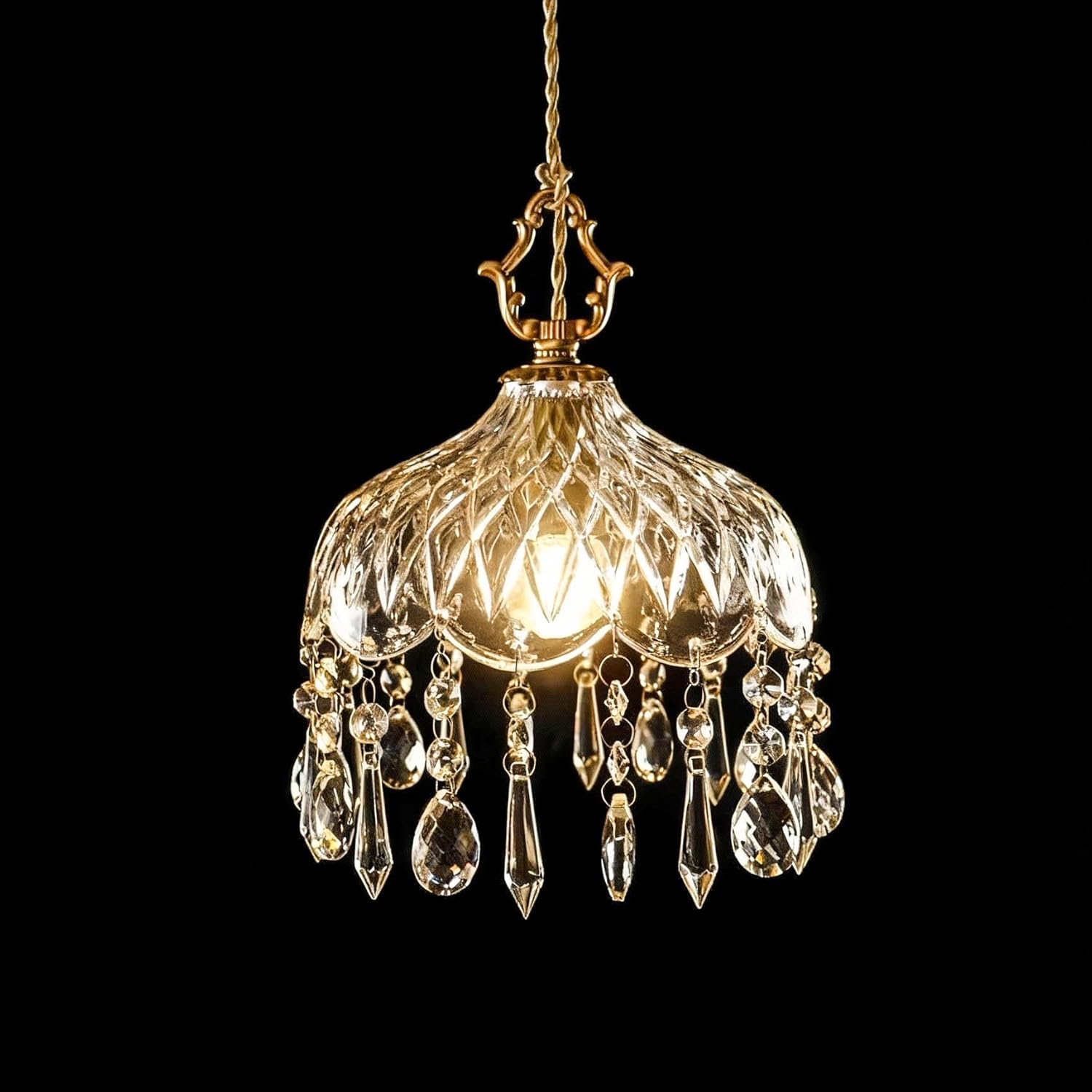 Vintage Crystal Pendant Light - Adjustable Brass Mini Chandelier, 7.87