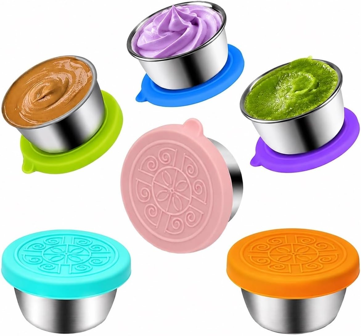 6 Pack Stainless Steel Salad Dressing Containers with Silicone Leakproof Lids, Reusable (1.7Oz) Sauce Cups for Lunch Boxes, Bento Boxes, Meal Prep, Picnic and Travel