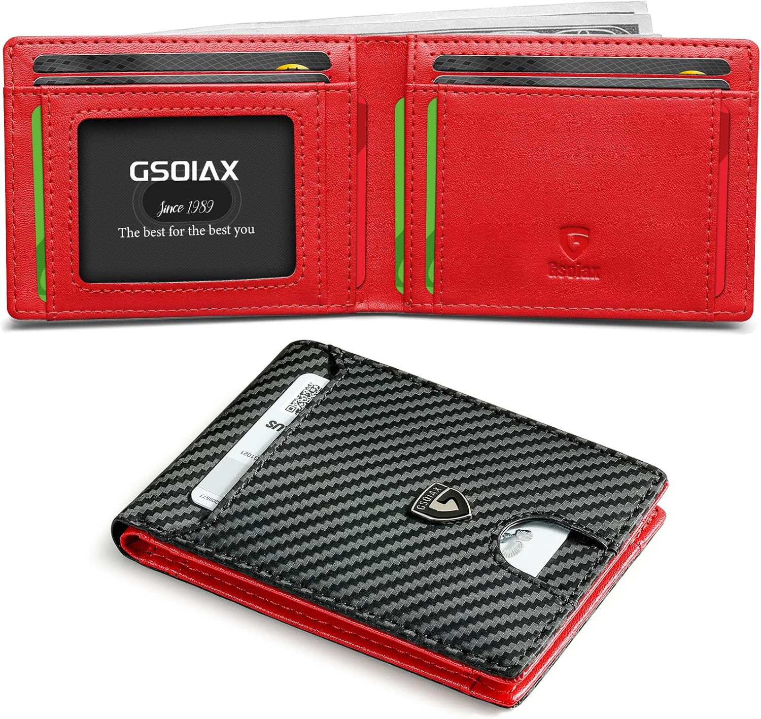 GSOIAX Mens Slim Wallet RFID Blocking Bifold Wallets for Men Minimalist Genuine Leather Carbon Fiber Card Holder Money Clip Thin Mens with Gift Box (Carbon Black and Red)