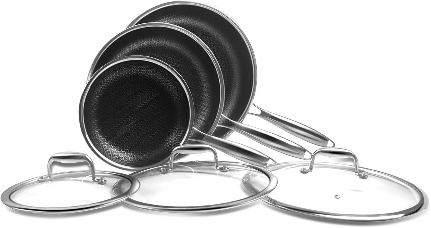 Nonstick Frying Pan Set, 8, 10 and 12-Inch Frying Pans, 6-Piece Hybrid Non Stick 18/10 Stainless Steel Pans with Lid, Induction Compatible, Dishwasher &Oven Safe, PFOA Free