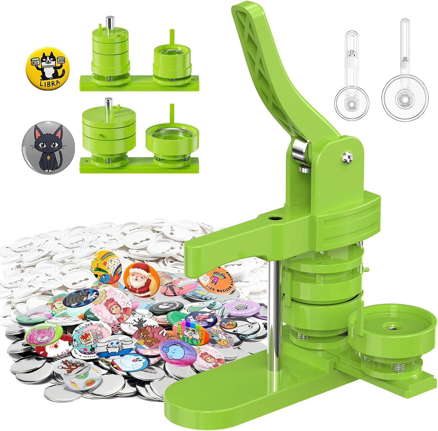 Button Maker Machine Multiple Sizes 200Pcs, Badge Maker 1.25+2.25 Inch for Kids, Badge Press Machine with 200 Sets Button Making Supplies & Cutter & Cutting Mat (Green, 32/58Mm)