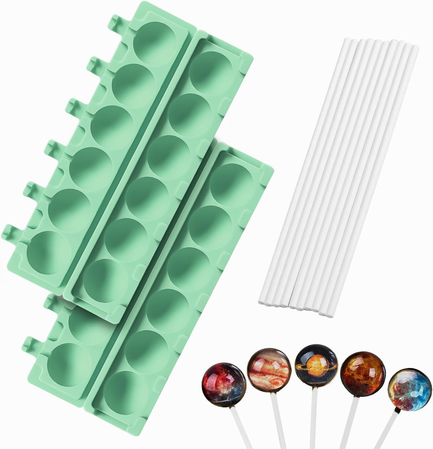 2Pcs Silicone Lollipop Molds with 100 Paper Sticks, 6-Capacity 3D round Hard Candy Ice Ball Molds for DIY Chocolate Cake Pop
