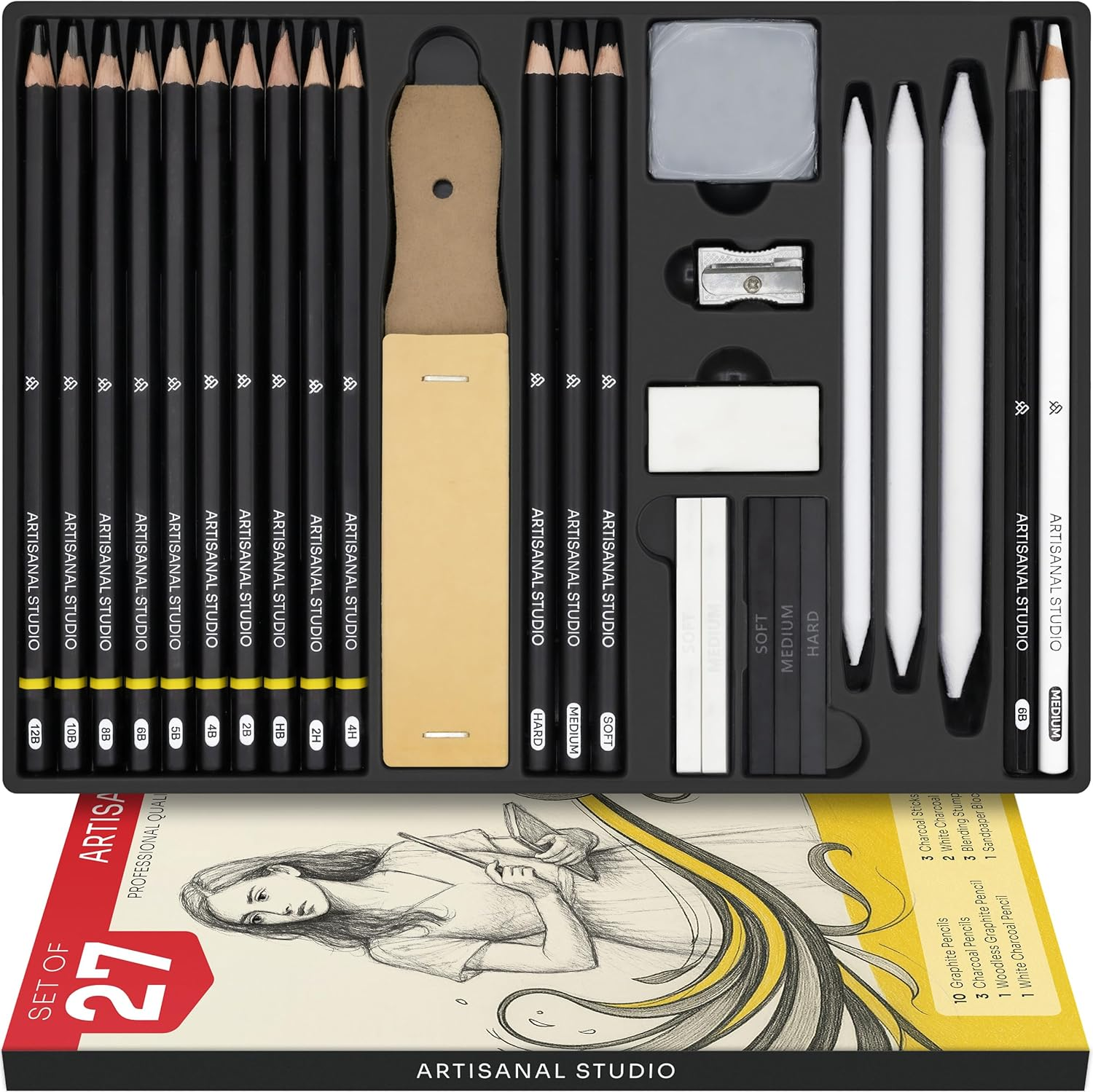 Sketching Pencils Set of 27 Pcs - Drawing Pencils for Artists and Professionals, Graphite & Charcoal Art Set with Blending Stumps, Sandpaper, Erasers & Sharpener