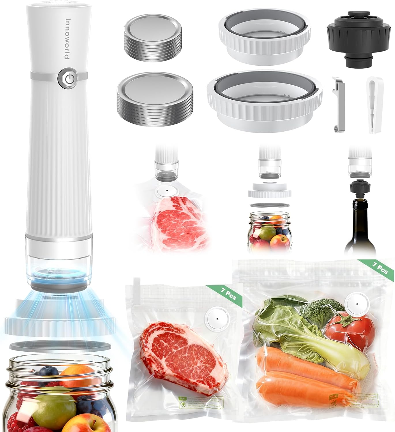 3-In-1 Vacuum Sealer for Food Compatible with Vacuum Bag, Mason Jar, Wine Bottle, Handheld Saver Compact Vacuum Sealer Machine