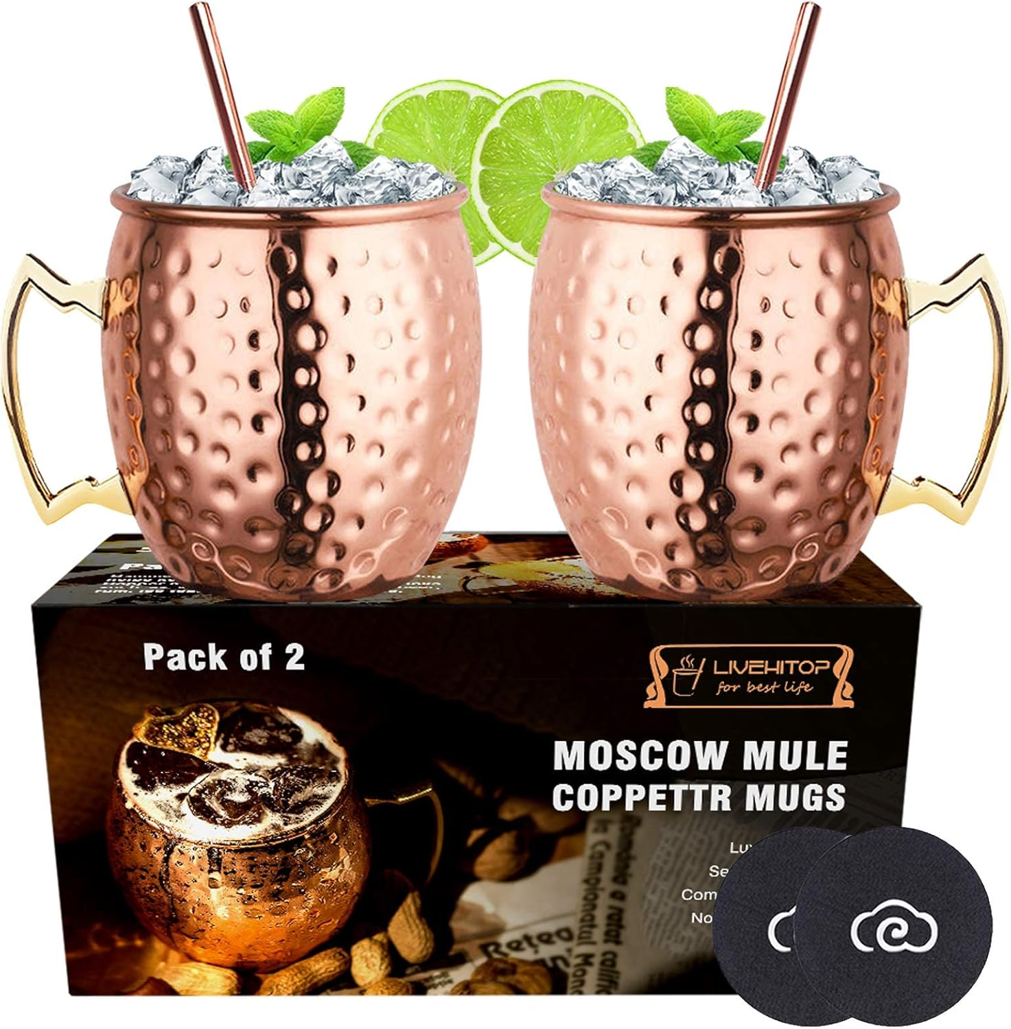 Moscow Mule Copper Mugs Set of 2, Copper Cups 19.5 Oz Cocktail Kit with Straw Coaster for Wine, Beer, Cold Drink, Bar, Party, Gifts