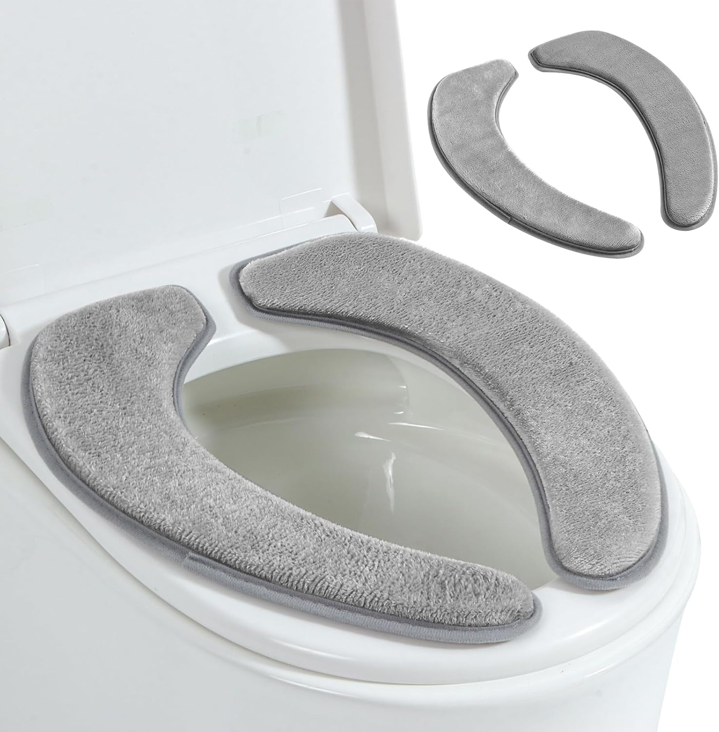 Toilet Seat Cover with Memory Foam, Soft Flannel Toilet Seat Warmer Cover for Bathroom, Washable Self-Adhesive Reusable Toilet Covers, Fits Most Round, Oval and Elongated Toilet Seat