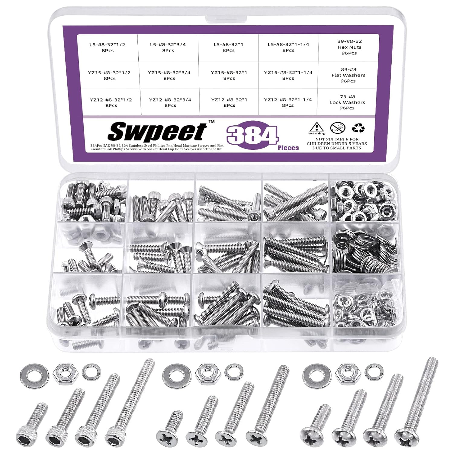 384Pcs SAE #8-32 304 Stainless Steel Phillips Pan Head Machine Screws and Flat Countersunk Phillips Screws with Socket Head Cap Bolts Screws Assortment Kit, Hex Nuts Washers All Included