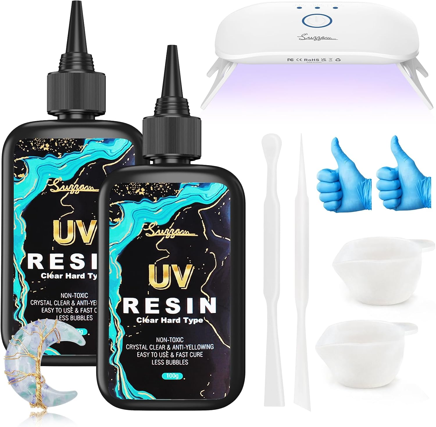 Suzzam 200G Crystal Clear Hard UV Resin Kit with UV Lamp and UV Light