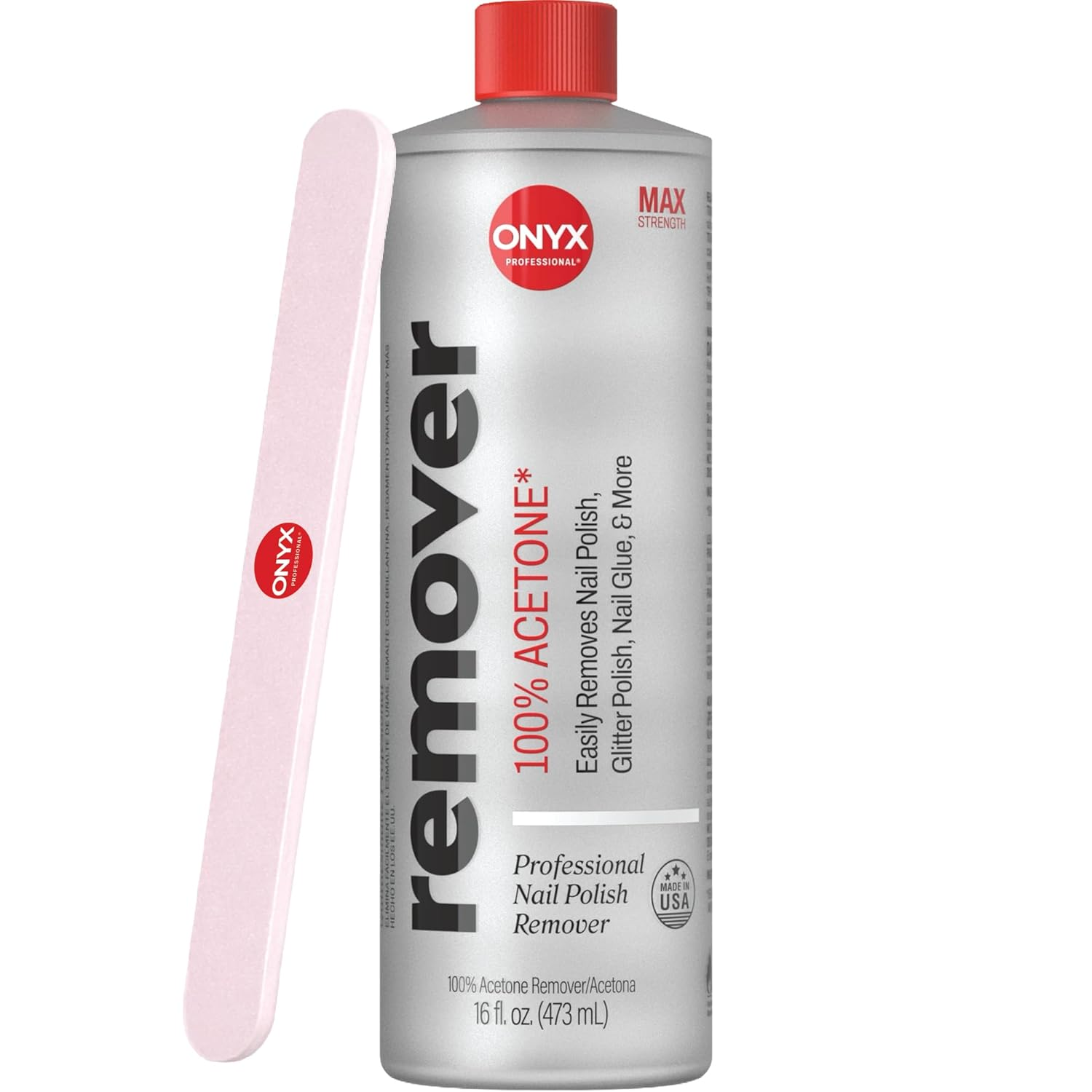 100% Pure Acetone Nail Polish Remover Kit with 7 Inch Nail File, 16 Fl Oz - Made in USA, Maximum-Strength Gel Polish Remover, Artificial & Glitter Nail Polish
