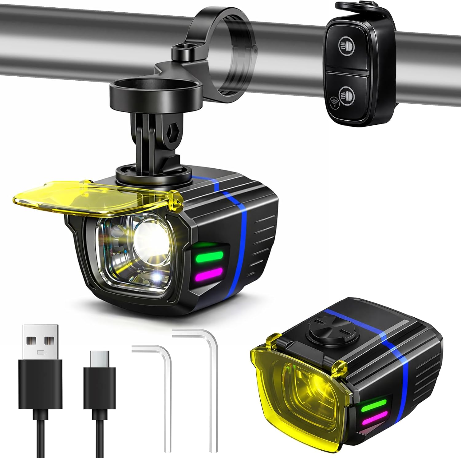 1100Lm Bike Lights Front Wireless Remote Bike Headlight 4000Mah Rechargeable Bicycle Lights with LED Power Display 6 Modes IP44 Waterproof Expansion Bracket for Night Riding and Urban Cycling