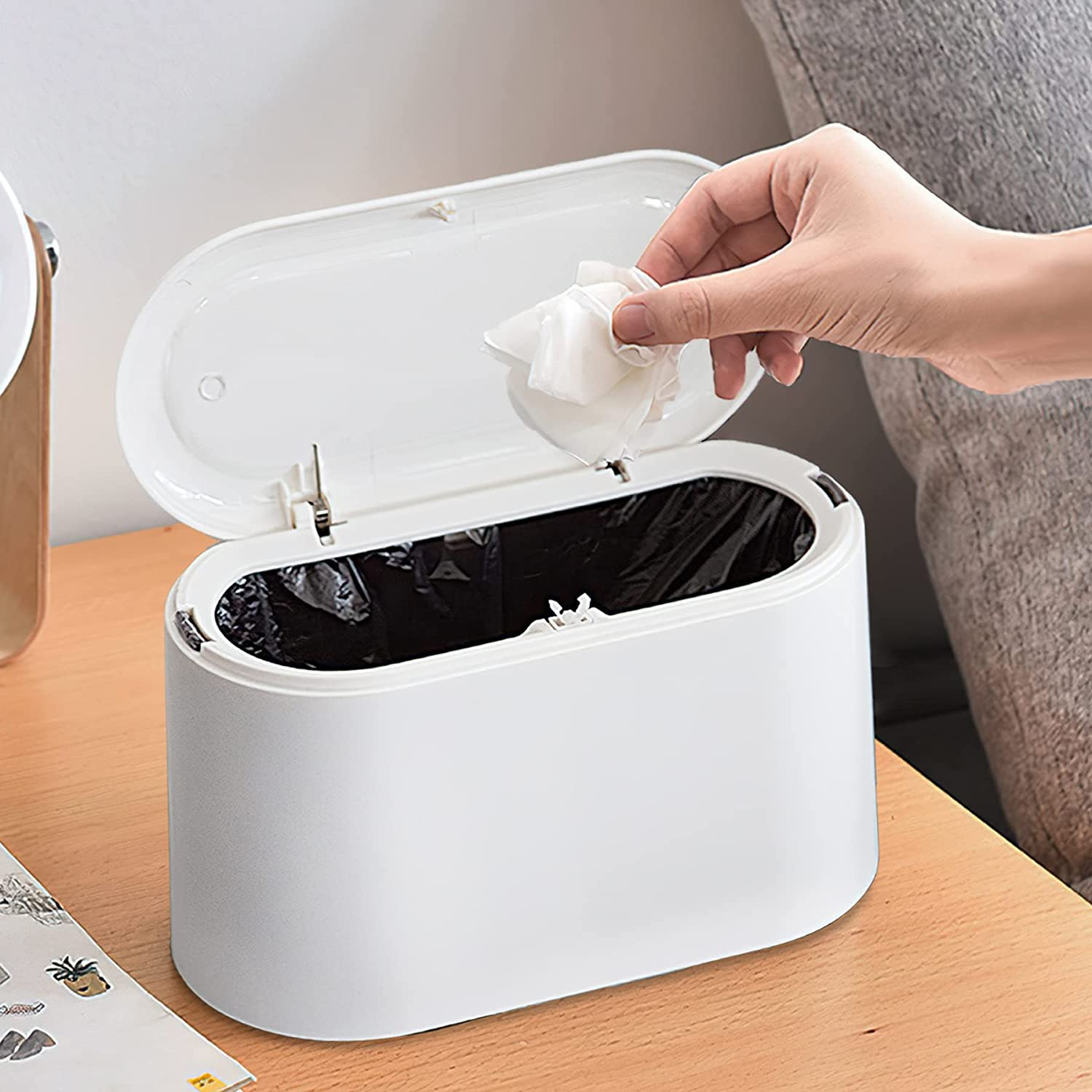 Mini Trash Can with Lid Removable Small Garbage Can, Tiny Plastic Trash Bin, Pop up Countertop Wastebasket, Counter Garbage Lint Bin for Bathroom,Office,Kitchen,Desk(White)