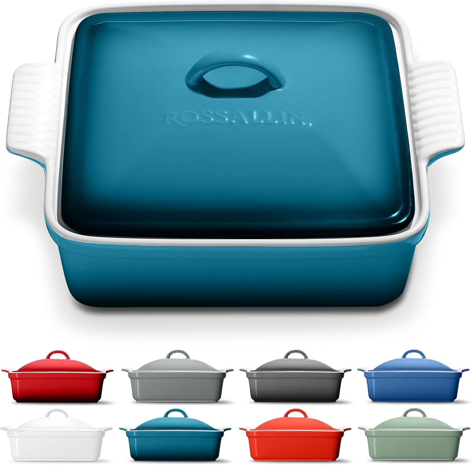 Stoneware Casserole Dish Bakeware with Lid | Covered Square Dinnerware | Medium 2 Quart, [Ocean Blue]