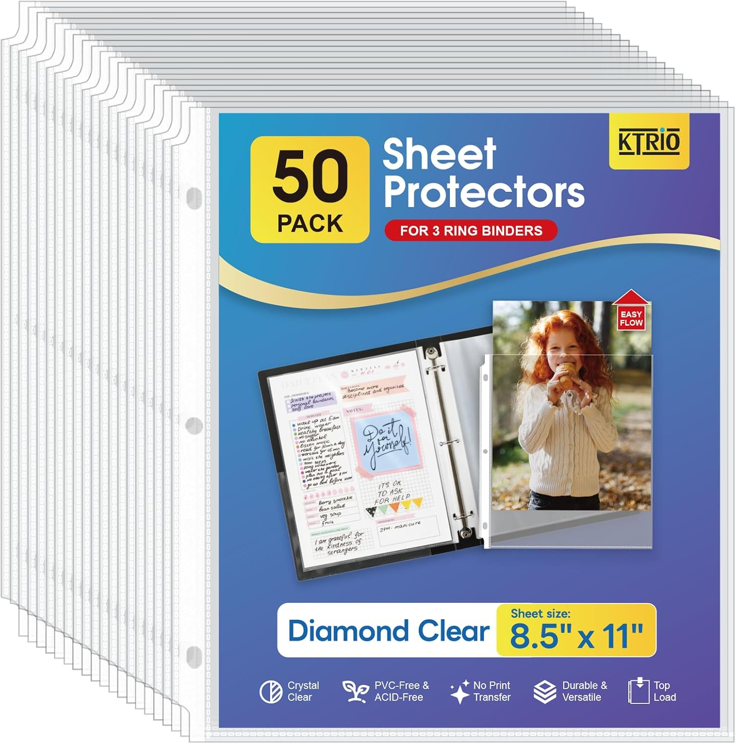 Sheet Protectors 8.5 X 11 Inch, Clear Page Protector for 3 Ring Binder, Plastic Sleeves for Binders, Top Loading Paper Sheets Document Sleeve Letter Size, Office & Home, 50 Pack