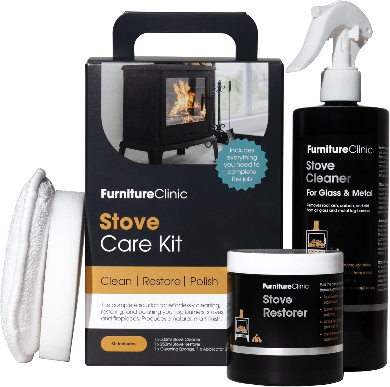 Kit per La Cura Della Stufa - Pulisce E Rinnova Bruciatori a Legna, Grate E Caminetti - Rimuove Fuliggine E Sporco - per Stufe in Vetro E Metallo - Detergente E Lucidante