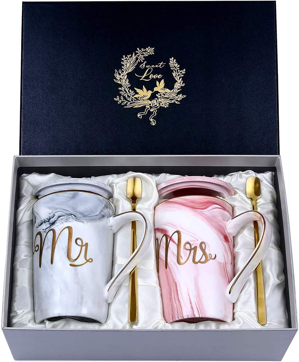 Wedding Gifts for Bride and Groom, Wedding Day Engagement Anniversary Couple Gifts for Him Her Newlyweds Mr and Mrs Coffee Cups Gift Set, 14Oz Marble Ceramic Mugs for Wife and Husband