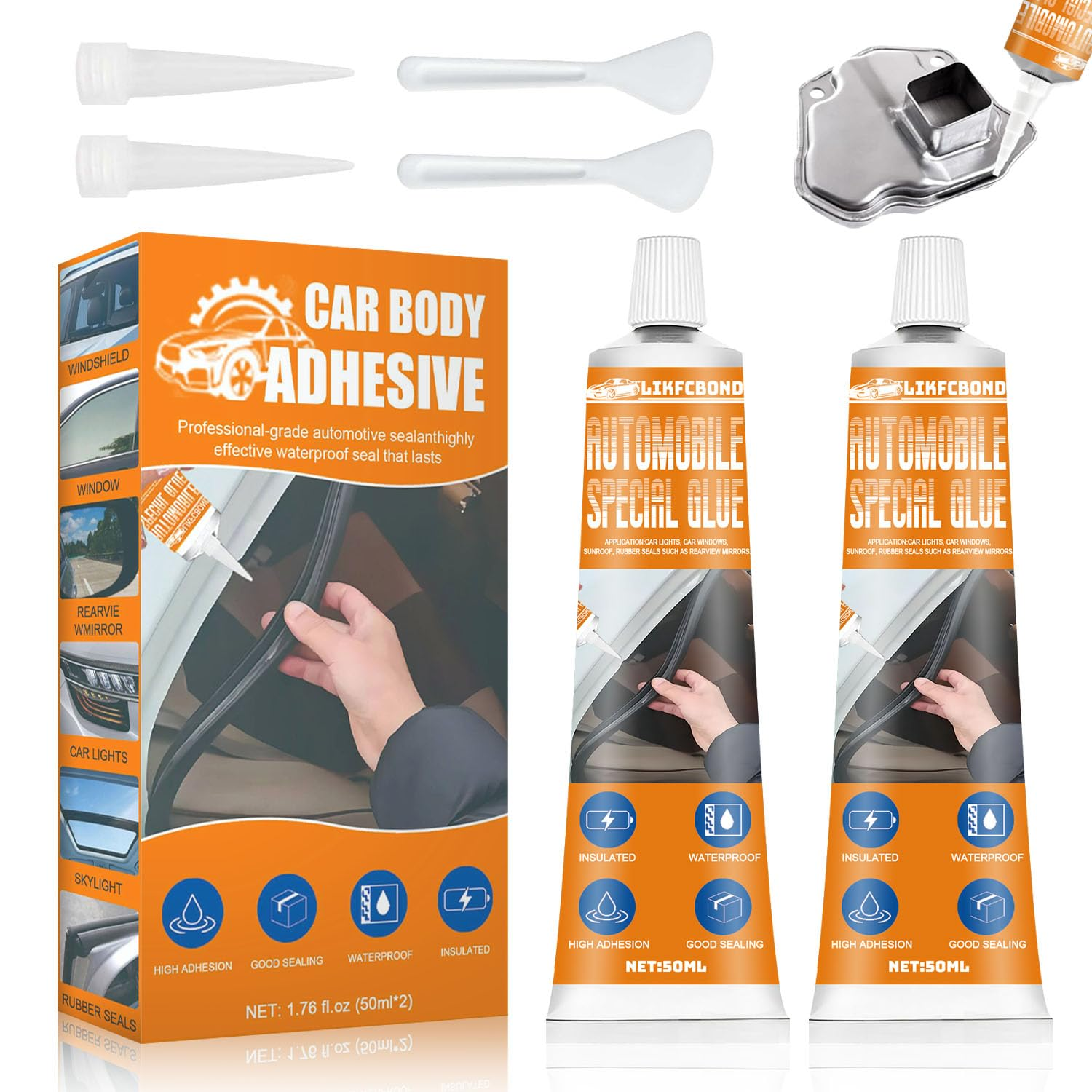 Automotive Body Adhesive Sealant, 100Ml Car Body Glue Bonding Heat Resistant, Extra Strong Black Silicone Sealant for Car Handle, Interior, Metal, Plastic (50Ml*2)