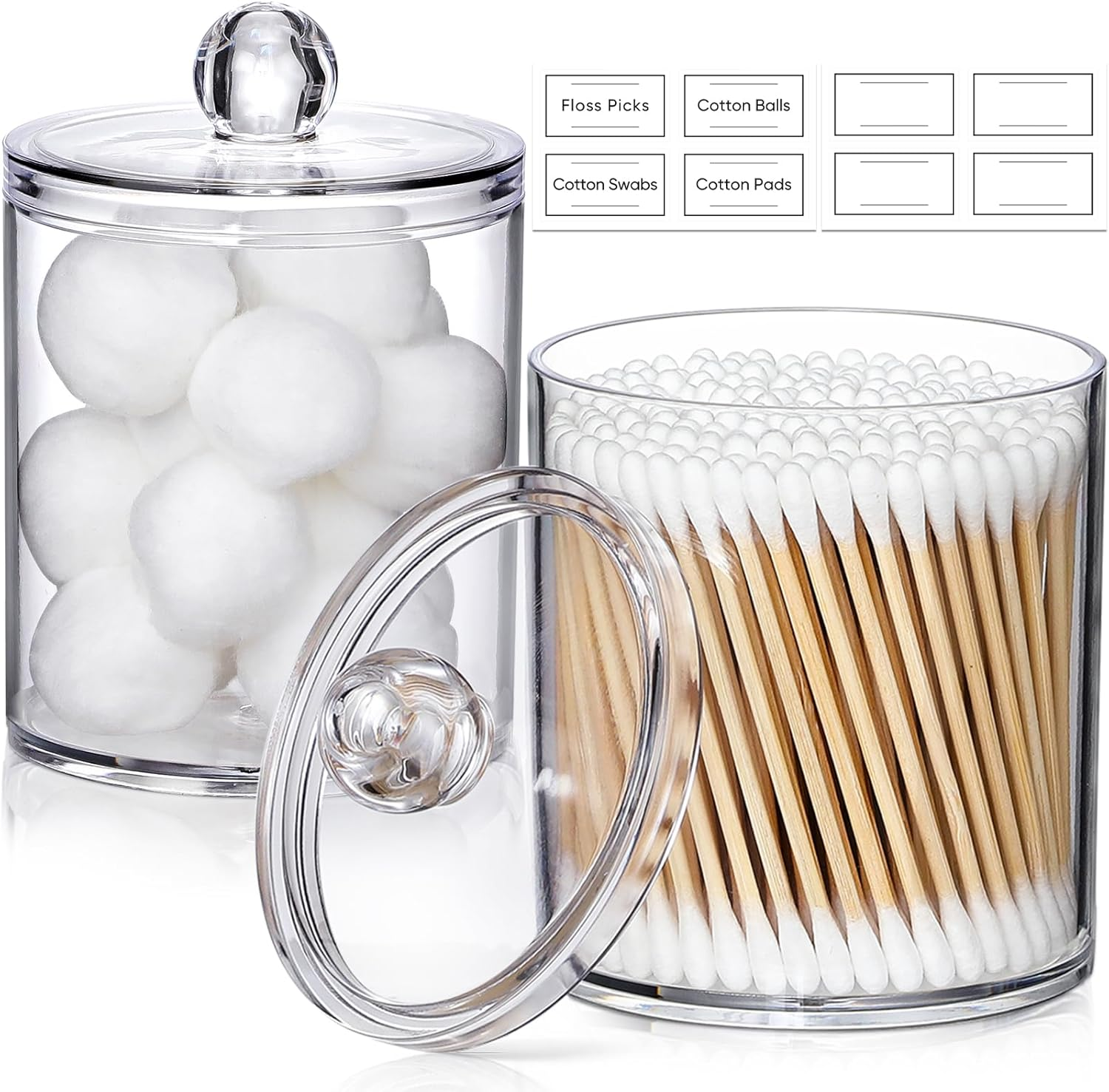 2 Pack Acrylic Qtip Holder Dispenser for Cotton Swabs, Balls, Pads, Floss Picks- Small Clear Plastic Canister Apothecary Jar Set, Bathroom Essentials Accessories Decor, Vanity Makeup Storage Organizer