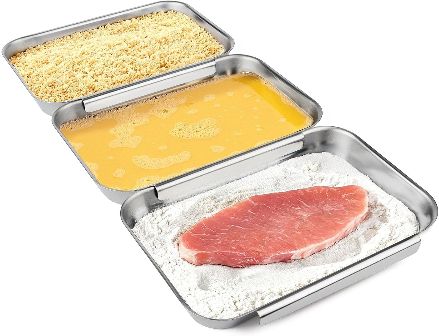 Set of 3 Breading Pans, Stainless Steel Breading Set for Marinating Meat, Chicken, Fish, Food Prep Trays, Coating Trays Can Be Used to Baking Cake, Oven Safe