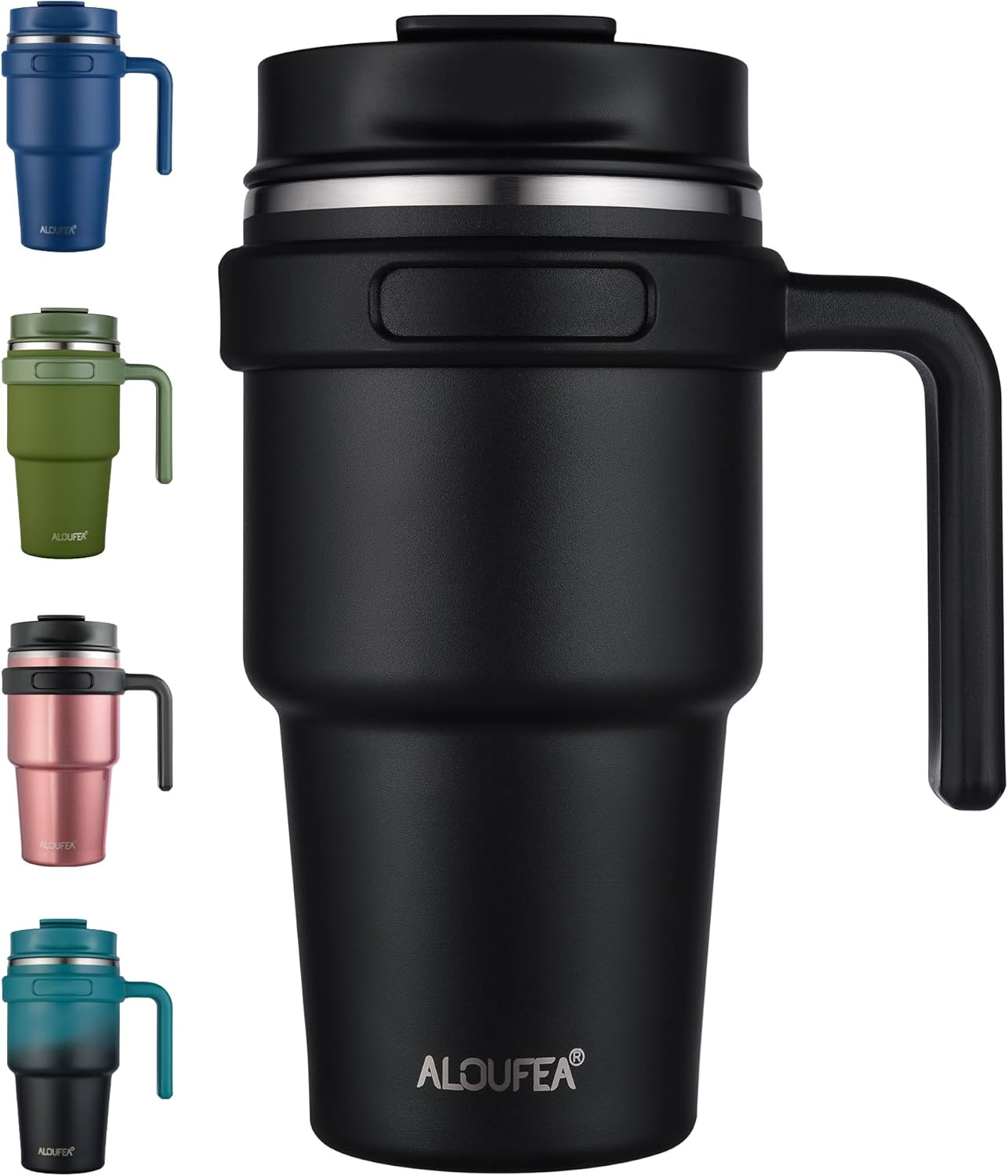 ALOUFEA 20 Oz Insulated Coffee Mug Tumbler with Handle, Stainless Steel Travel Mug Tumbler with Lid and Straw,Double Wall Vacuum Leak Proof Ice Coffee Thermal Cup, Black