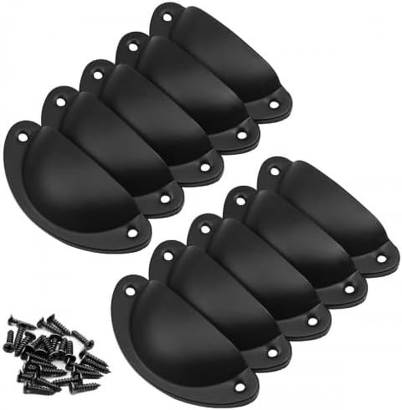 10 Vintage Shell Handles – Antique Iron Black Cabinet Handles, Kitchen Furniture Drawer Handles, with Screws, Dimensions 82X35Mm, for Cabinets, Wardrobes, Medicine Cabinets, and Drawers (Black)
