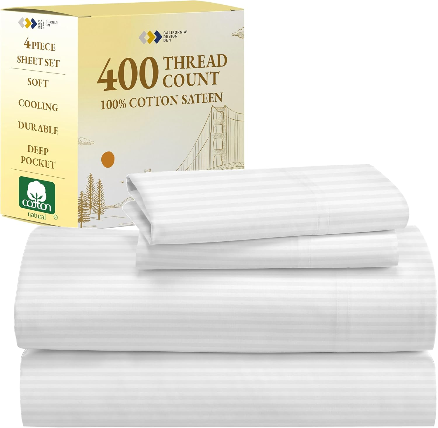 California Design Den Striped Queen Sheet Set - Soft 400 Thread Count Sateen, Natural 100% Cotton Sheets with Deep Pockets, Cooling and Durable Bedding Set - Striped White