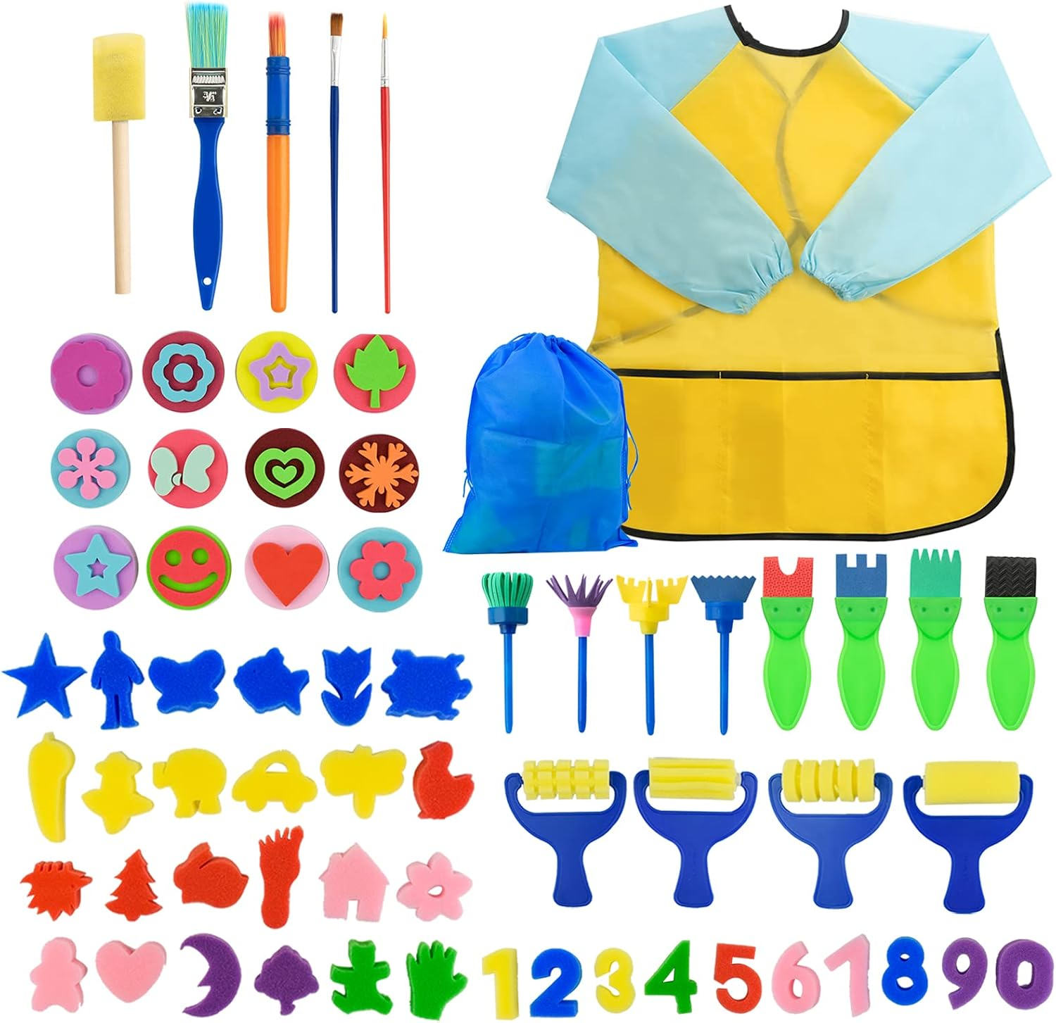 Set Di Pennelli per Pittura a Spugna, 65 Pezzi, per Bambini, per Asilo Nido, Artigianato, Arte Fai Da Te, Pittura Di Apprendimento Precoce, Grembiule E Pennelli