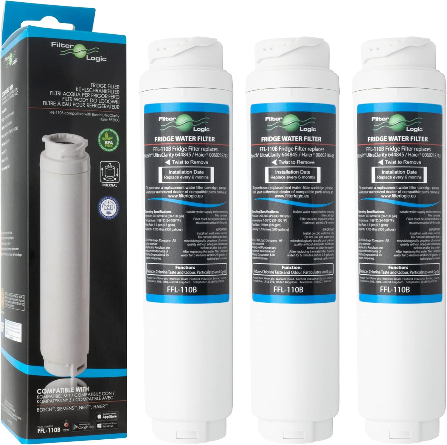 FFL-110B | 3X Filtro Acqua Compatibile Con SIEMENS BOSCH NEFF Ultraclarity 11034151 KSZ50UC0 Cartuccia Filtrante per Frigorifero Side by Side Americano Ultra Clarity Water Filter