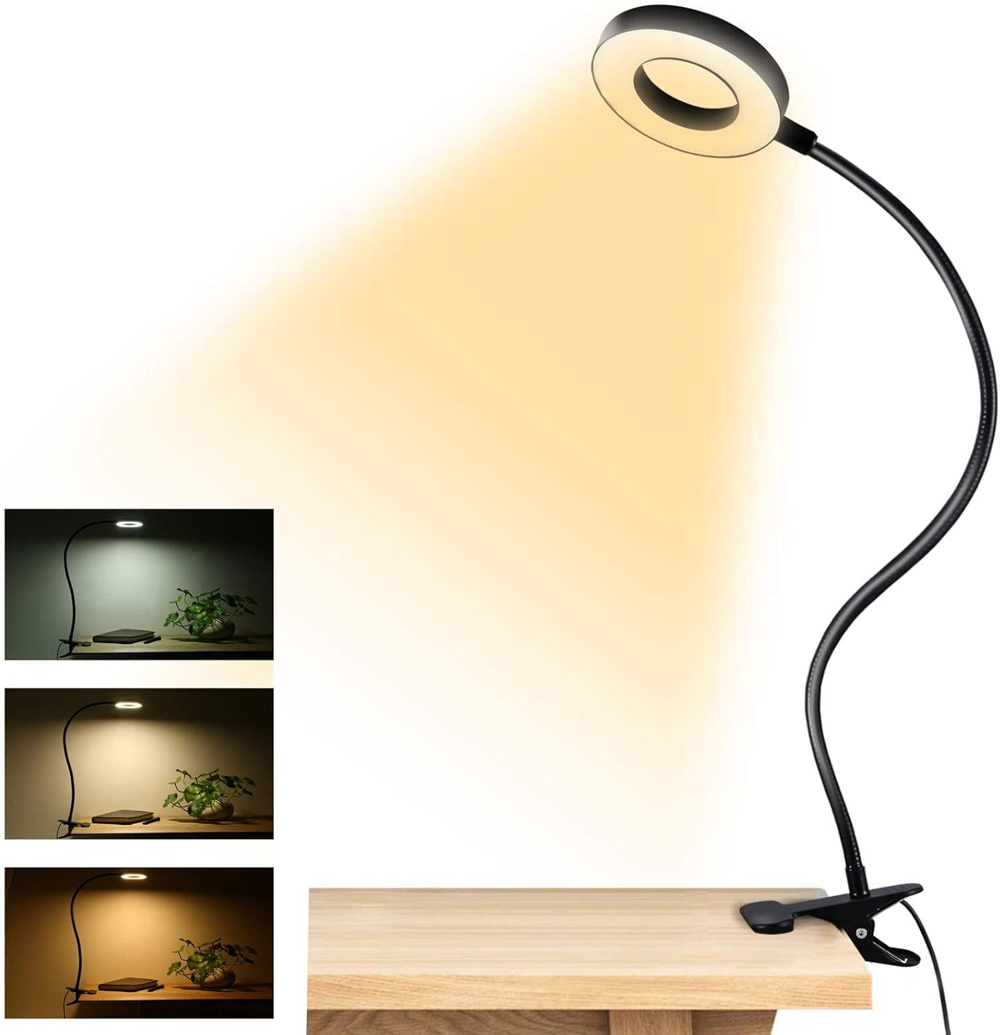 Dpower Clip on Light Reading Lights, 48 LED USB Desk Lamp with 3 Color Modes 10 Brightness, Eye Protection Book Clamp Light, 360 ° Flexible Gooseneck Clamp Lamp for Desk Headboard Video Conferencing