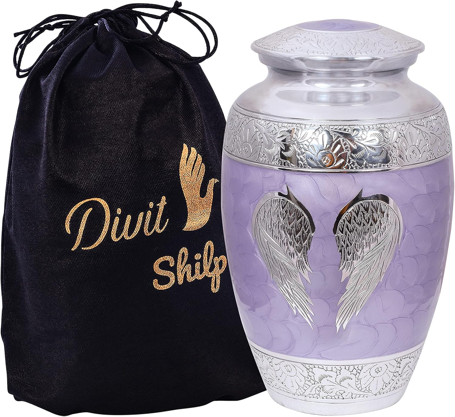 Cremation Urn for Human Ashes with Satin Bag, for Adults up to 200 Lbs | Large Handcrafted Funeral Urns. (Lilac Angel Wings, Adult)