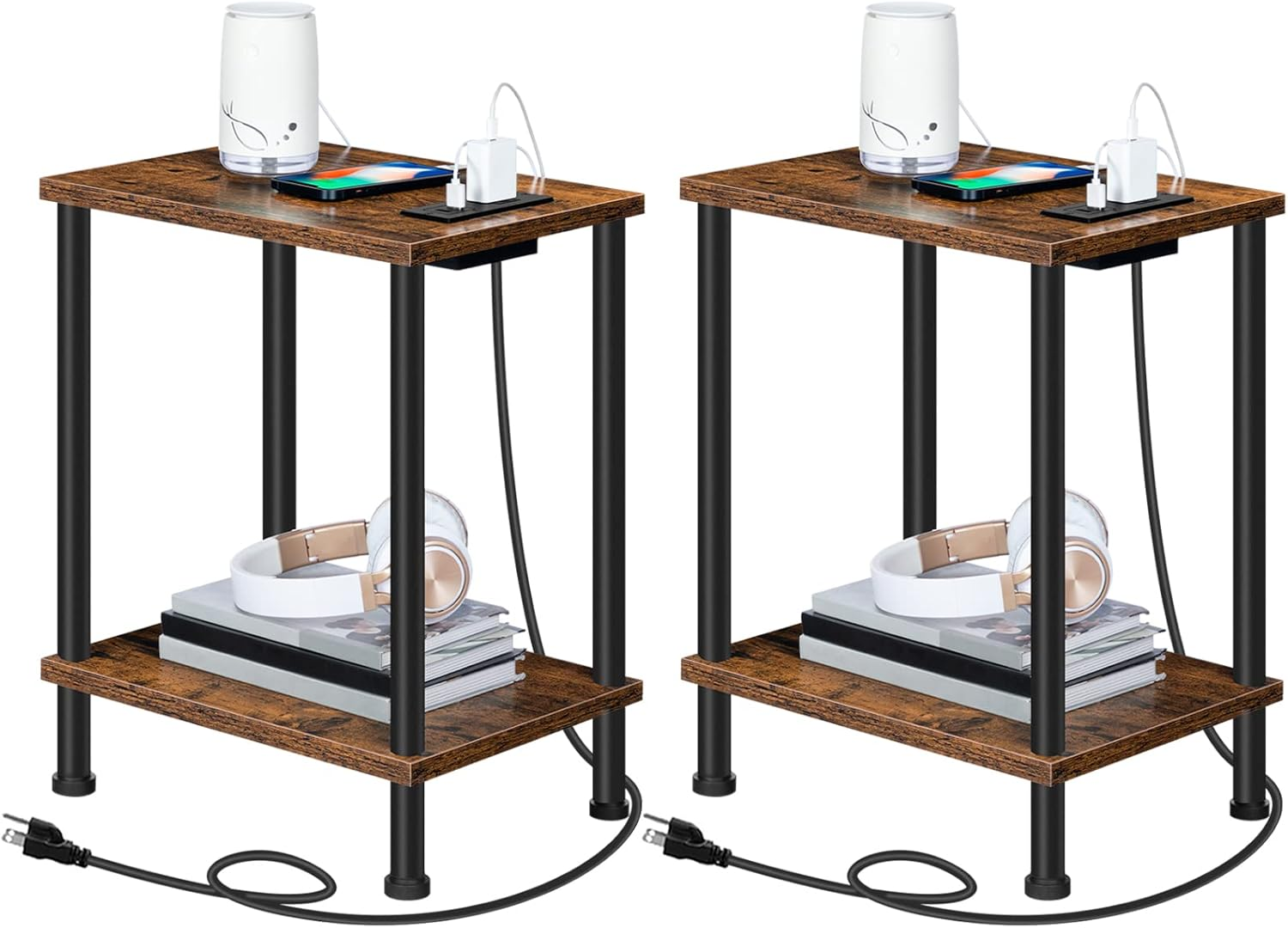 HOOBRO Side Table with Charging Station, Set of 2 End Tables with USB Ports and Outlets, Nightstand with 2-Layer Storage Shelves for Small Spaces, Living Room, Bedroom, Rustic Brown BF09UBZP201