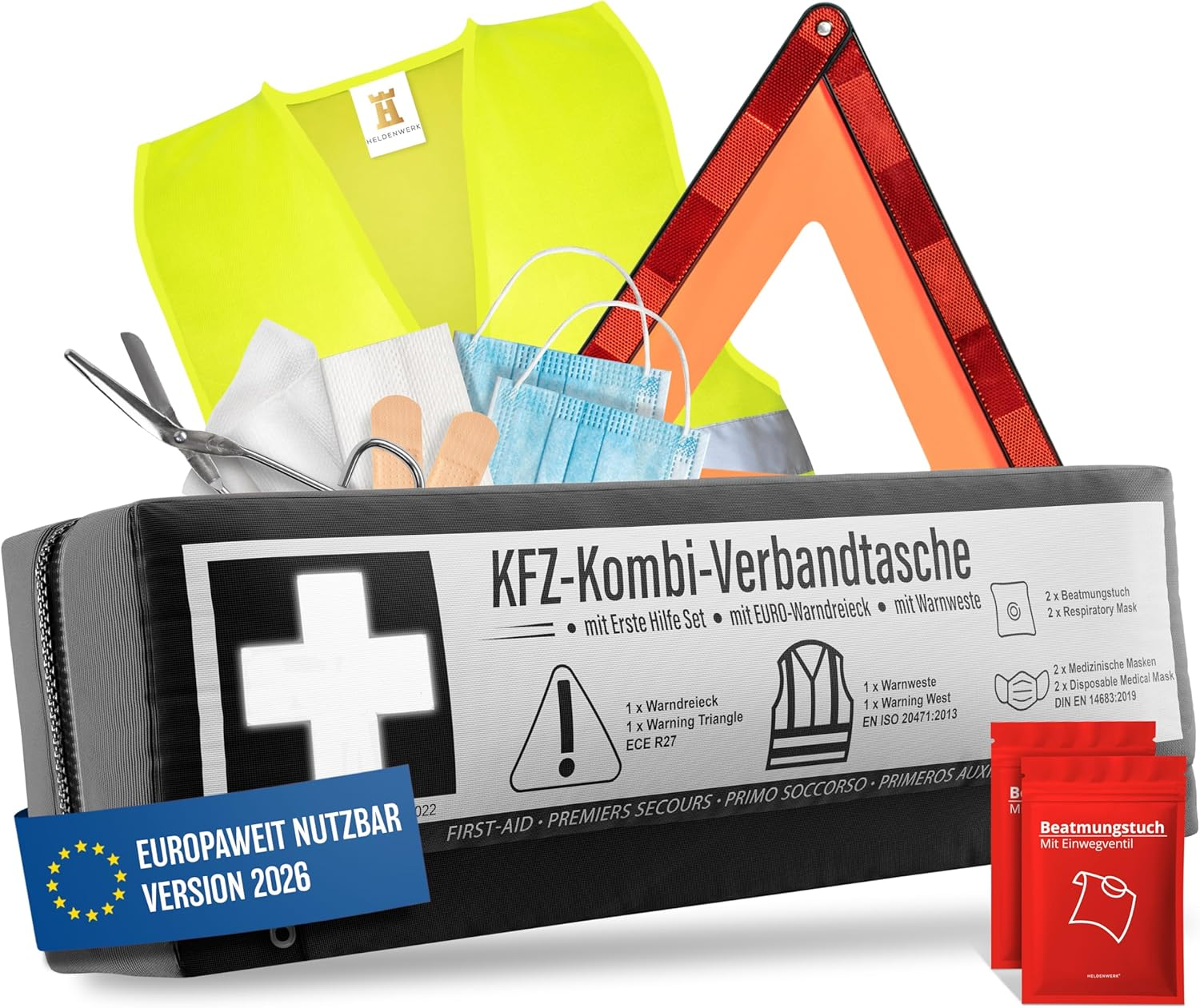 KFZ Kombitasche (3 in 1) Nach Aktueller Norm 2026 - Inkl. Warndreieck, Warnweste - Verbandskasten Warndreieck Set Verbandskasten Auto DIN 13164:2022 (Stvo Konform)