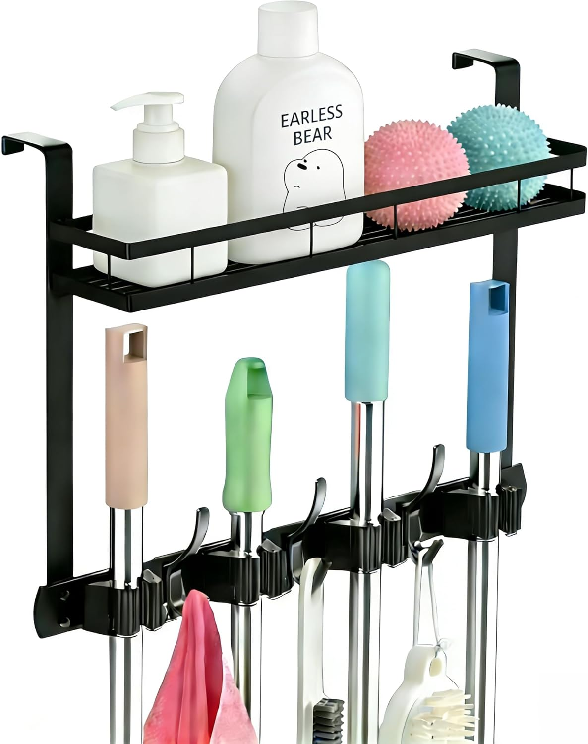 Broom Holder over the Door over Door Broom and Mop Rack over the Door Hooks Organizer With4 Slots & 3 Hooks 1 Storage Basket for Laundry Room, Garage, Closet, Kitchen Decor (Black)