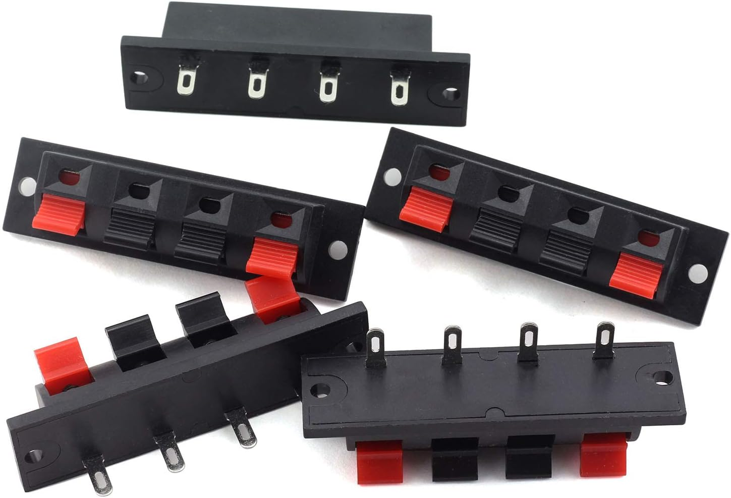 Tegg 5PCS 4 Pin Speaker Terminal Block 4 Way Amplifier Spring Jointing Clamp Test Clip Stereo Speaker Strip Shape Push Release Connector Plate 4 Position