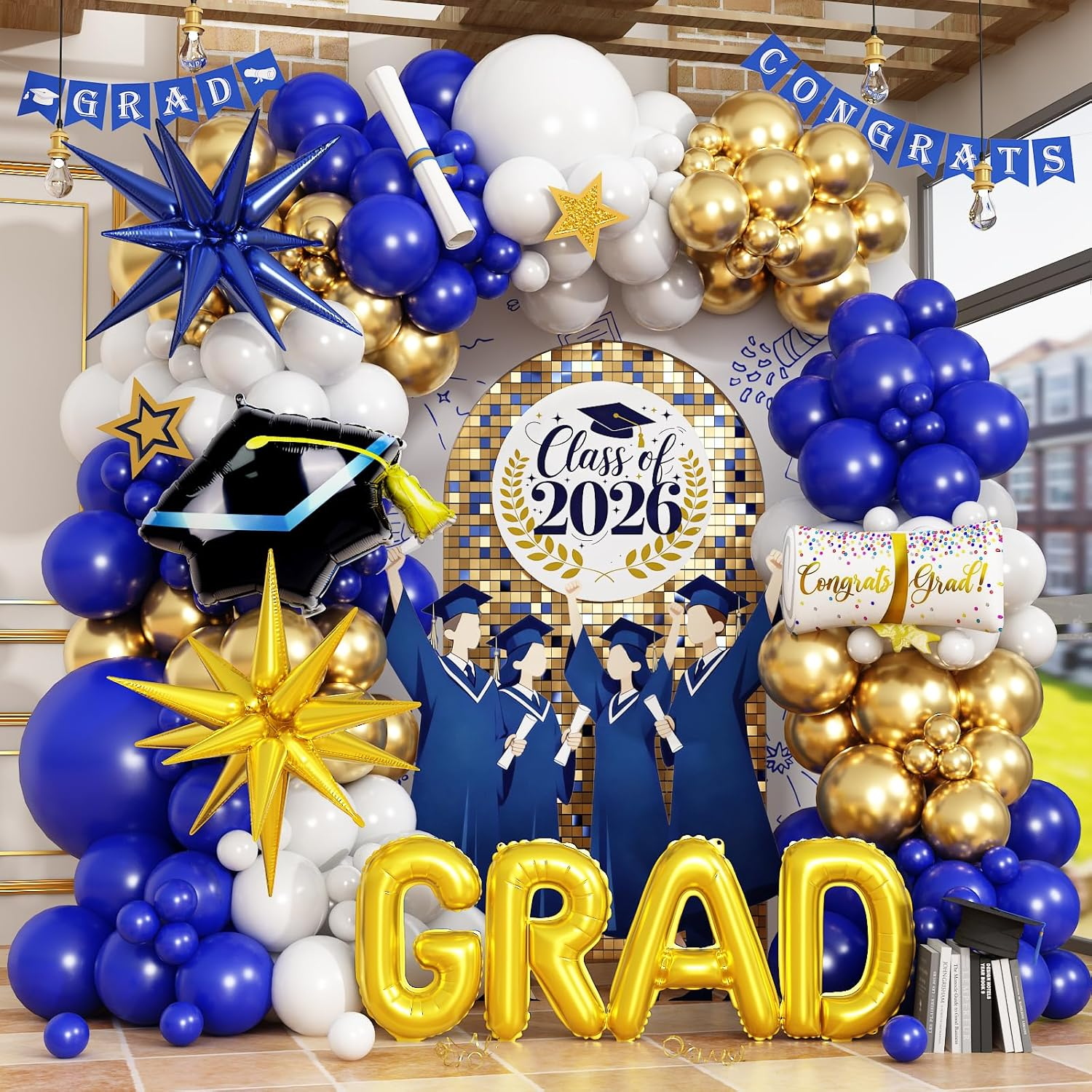 Blue Graduation Balloons Garland Arch Kit, 113 PCS Blue Gold White Graduation Star Print Cap Certificate Grad Foil Balloons with Gold Explosion Star Balloon for Graduate Class of 2026 Prom Party Decor