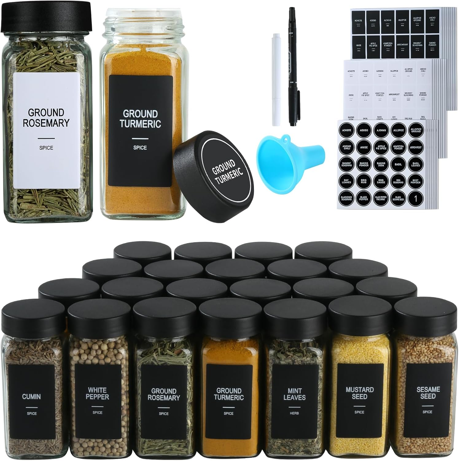 24 Glass Spice Jars with Labels,Spice Jar Set,4Oz Seasoning Containers,Spice Con