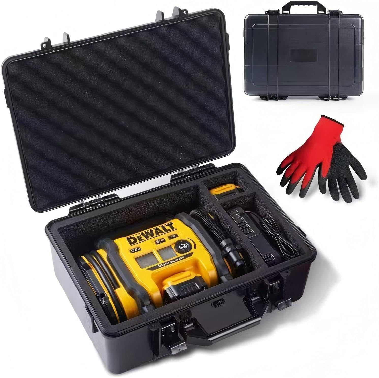 Air Compressor Hard Case for DEWALT 20V MAX Tire Inflator DCC020IB - Dustproof, Waterproof, Shockproof Protective for Hard Storage Carrying Bag for Air Pump, Battery & Charger with Gloves(Case Only)