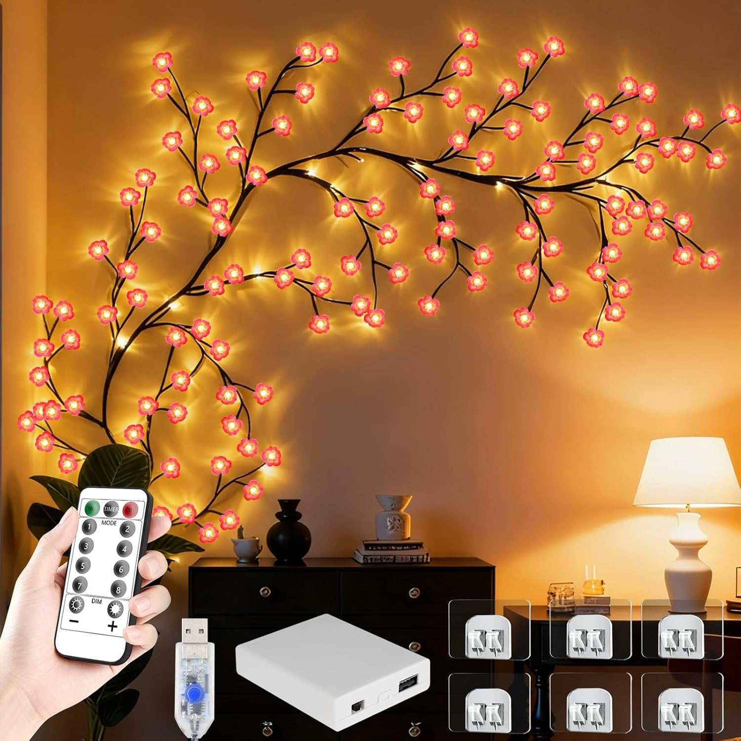 Cherry Enchanted Willow Vine Lights, 4FT 48LED 1PCS Pink Cherry Blossom Tree Branch Lights for Wall, Remote Timer,8 Light Model,Bedroom Wall Doors Wedding, Christmas, USB Battery Box