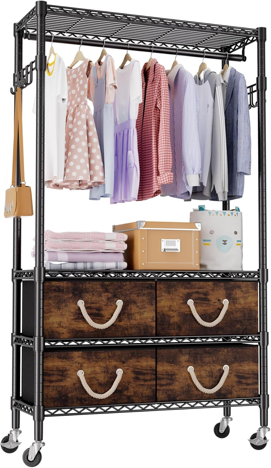 Clothes Rack with Drawers Rolling Heavy Duty Clothing Racks for Hanging Clothes Garment Rack with 4 Fabric Drawers Adjustable with Double Side Hooks Wardrobe Closet Portable Storage Black
