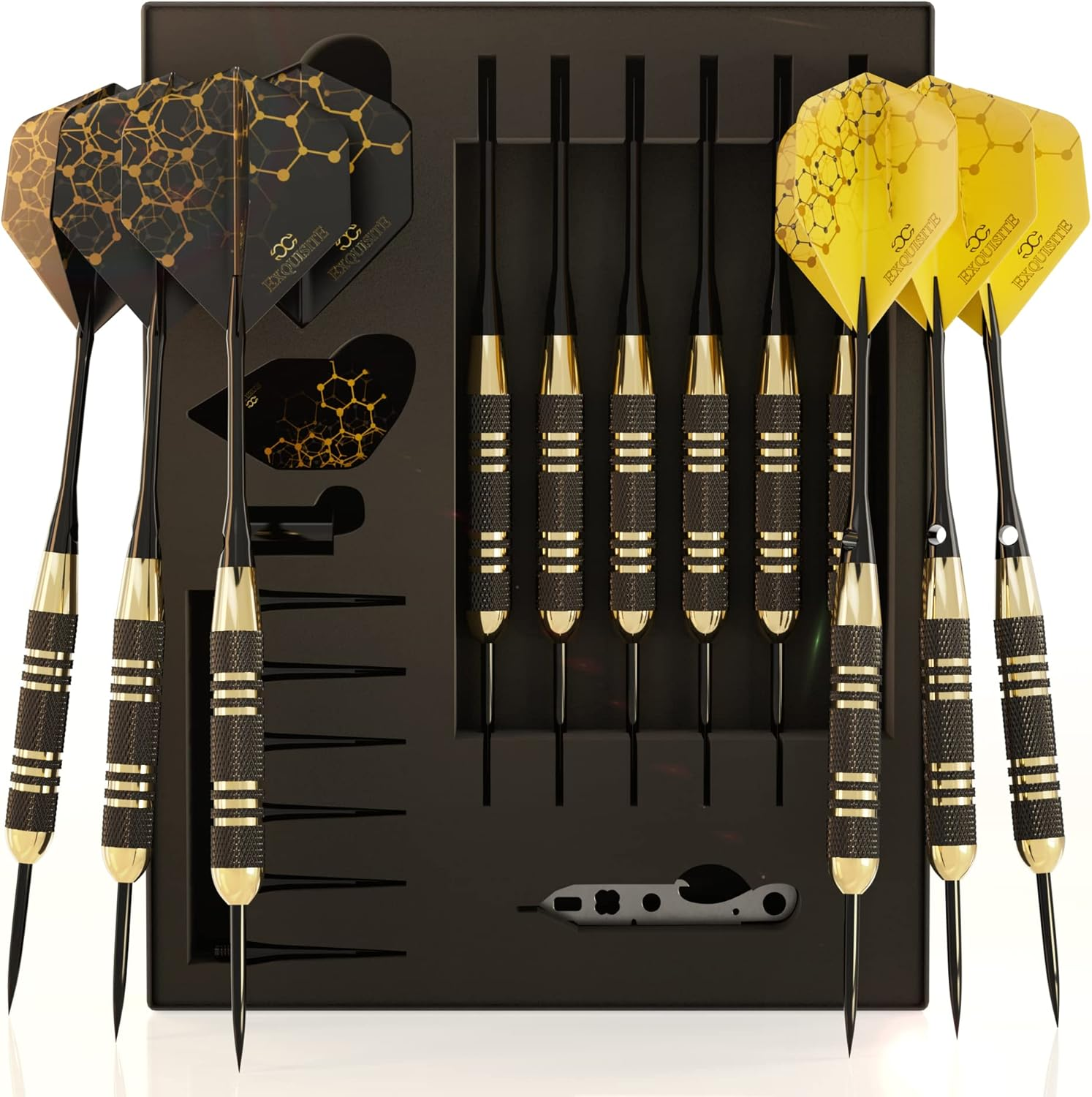 Professional Steel Tip Darts Set - 6 x 22g Brass Barrels with 12 Flights Standard/Slim, 12 Aluminum Shafts 35/48mm, 12 O-Rings, Dart Tool, Dart Sharpener and Case