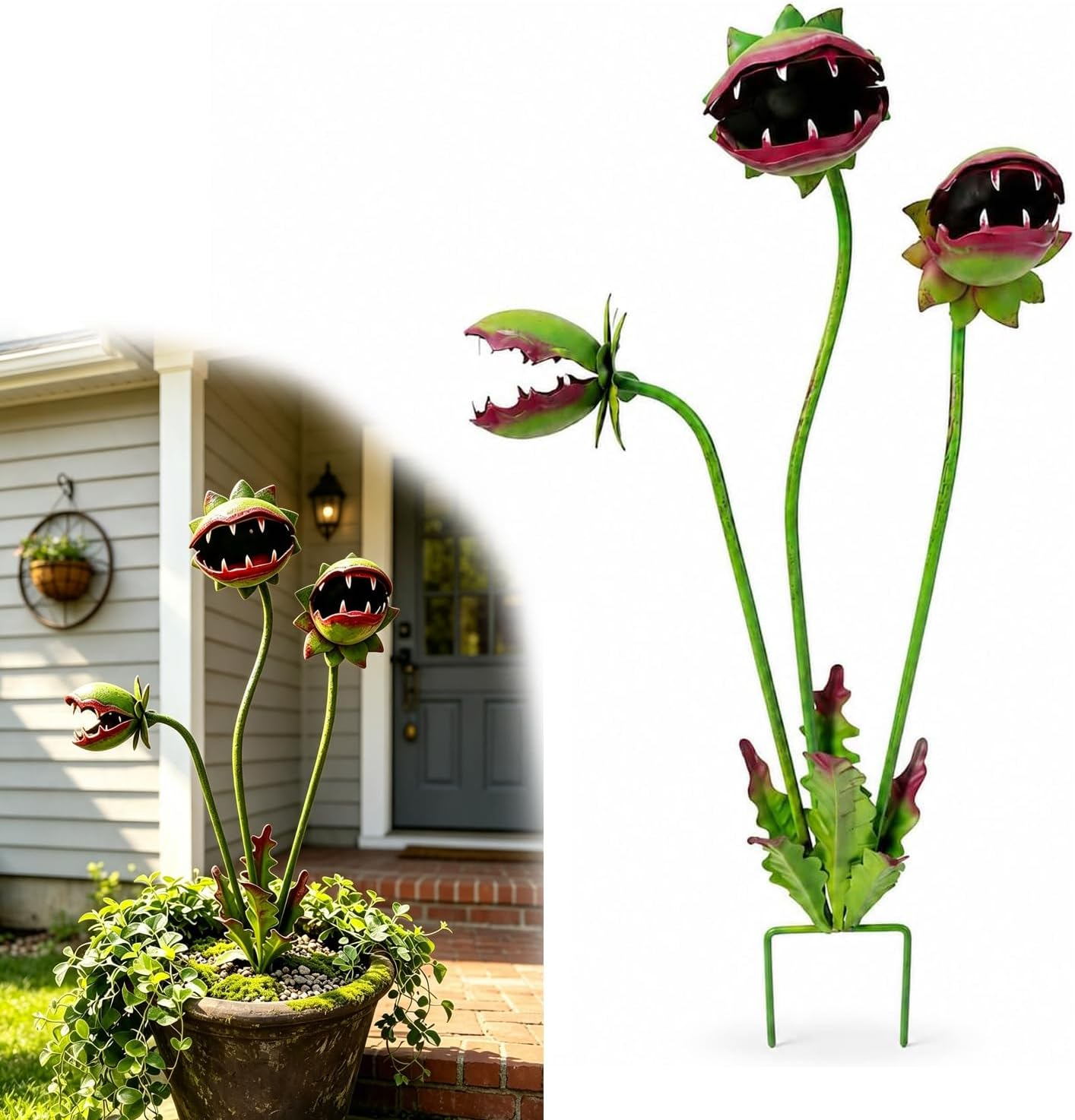 Whimsical Metal Carnivorous Plant Garden Stake | Venus Flytrap Monster Plant Sculpture, Halloween Yard Art for Flower Beds, Patios & Planters, Unique Quirky Garden Gift