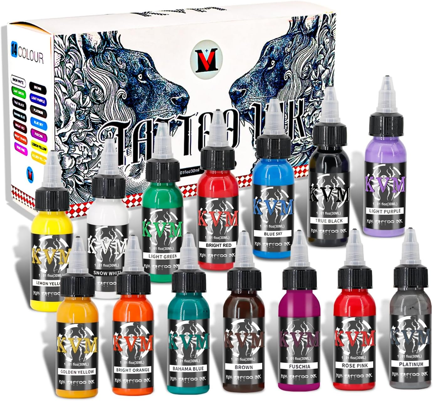 Tattoo Ink Set 14 Pcs Colors 1Oz (30Ml) Tattoo Supply Indoor Tattoo Studio Renowned for Its Smooth Flow Characteristics