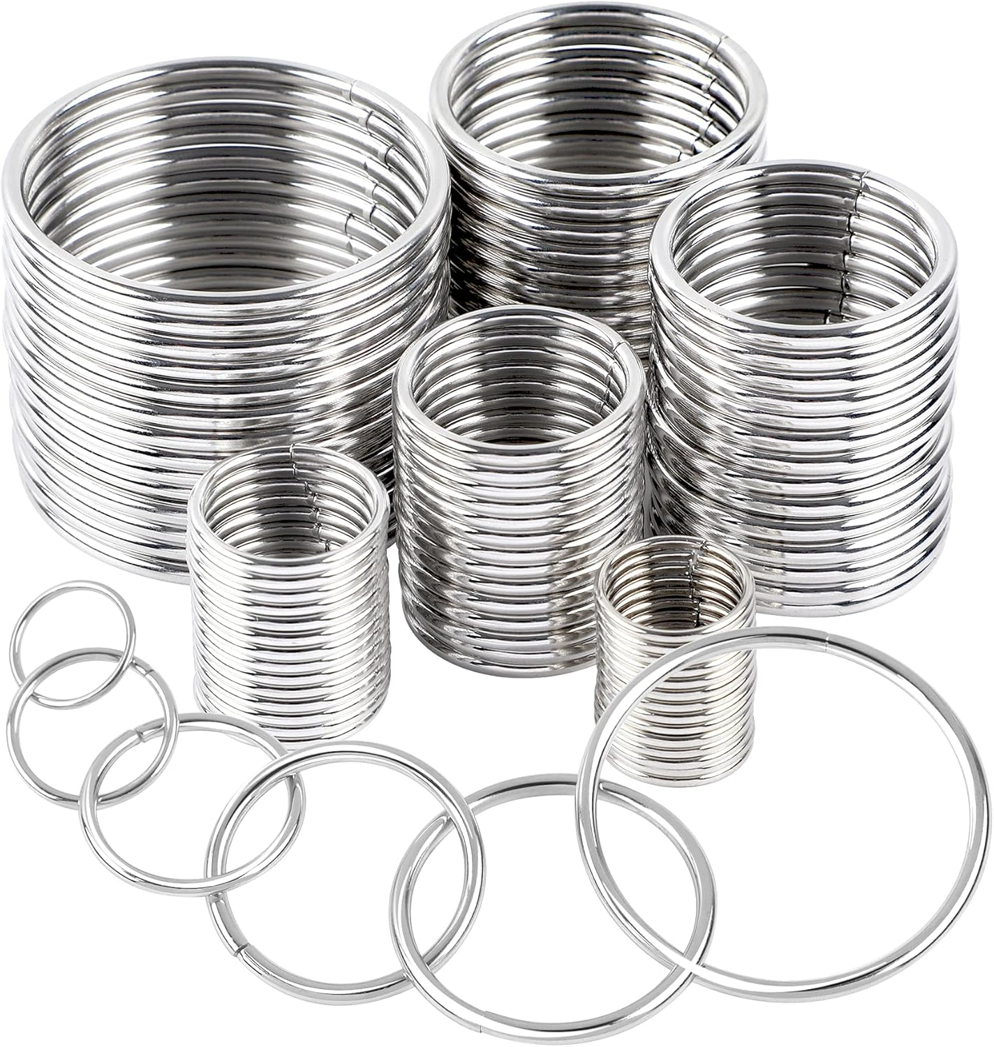 90Pcs 6 Sizes Silver Metal O Rings Multi-Purpose Heavy Duty round Ring for Hardware Bags Belts Dog Leashes Hanging Basket DIY Craft Supplies, 15Mm, 20Mm, 25Mm, 32Mm, 38Mm, 50Mm