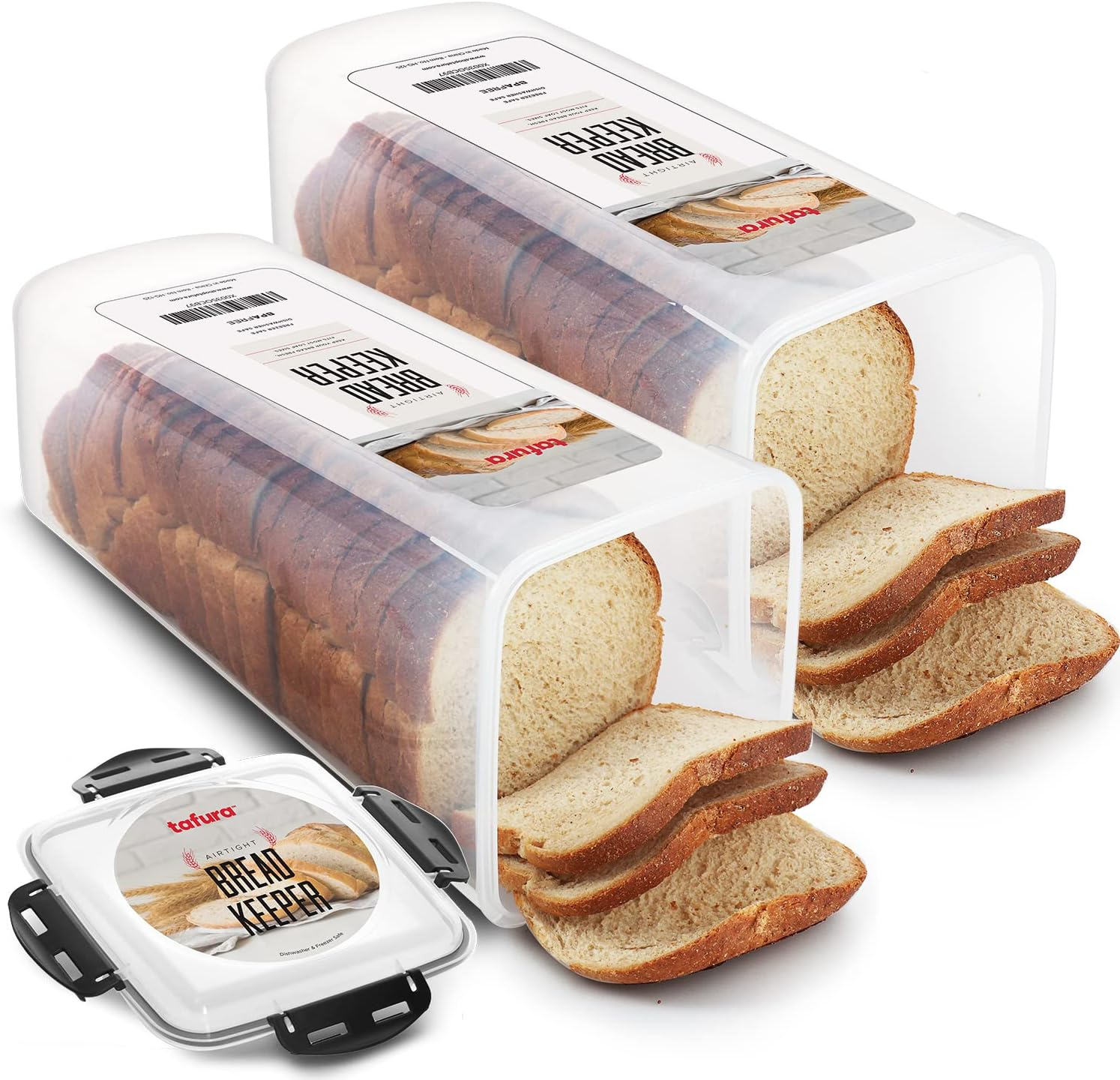 Bread Container - 2 Pack 5 Liter BPA Free Plastic Bread Box - Container/Holder for Homemade Loaves and Baked Goods with Black Airtight Lid