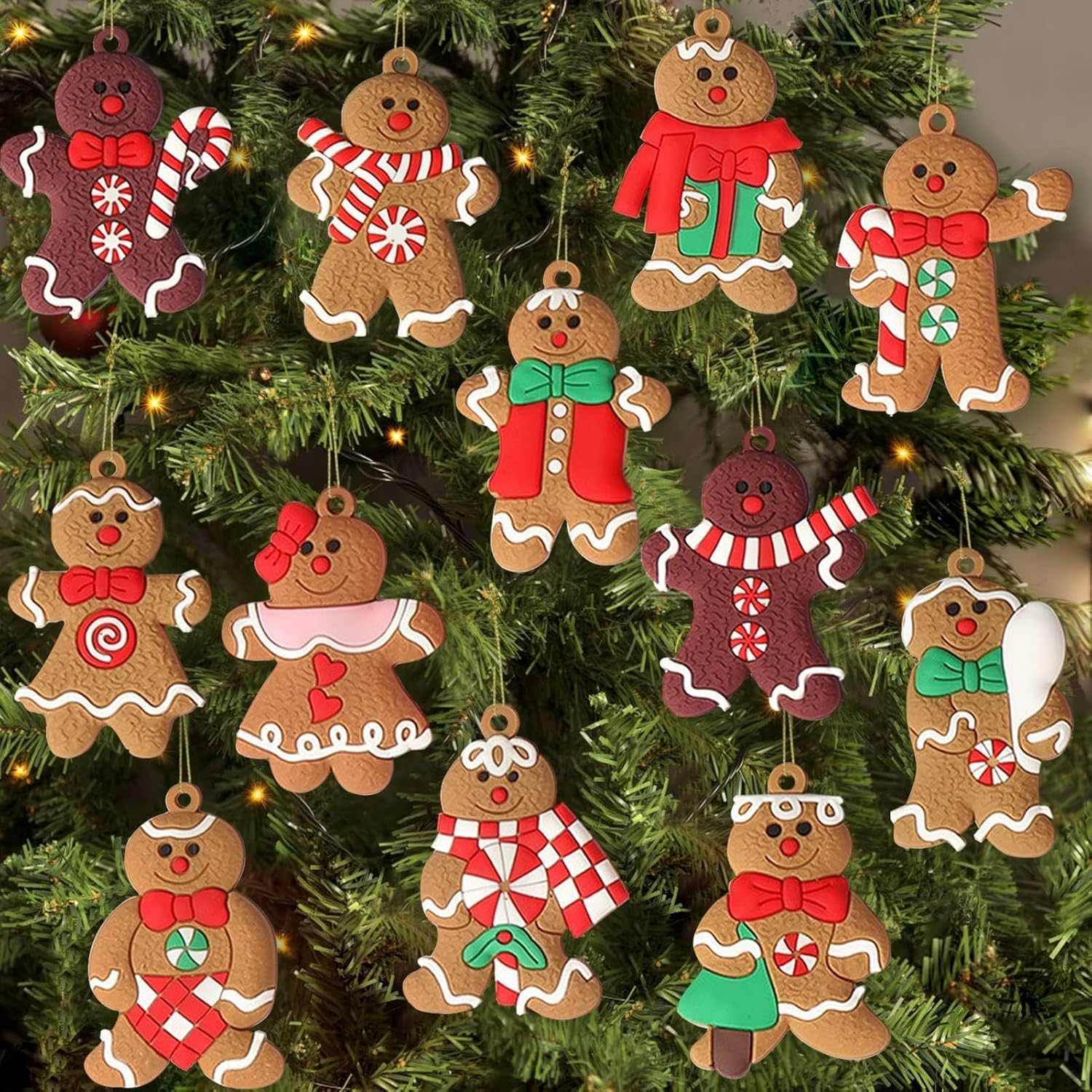 12Pcs Gingerbread Man Ornaments for Christmas Tree - Festive Hanging Decor