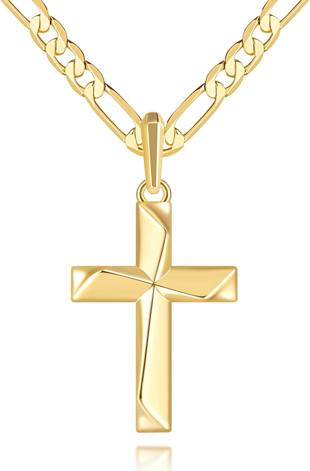 Cross Necklace 14K Gold Cross Necklace for Men Gold Crosses Chain for Men Irregular Cutting Lines with Figaro Chain Mens Crosses Pendant 20/22/24In