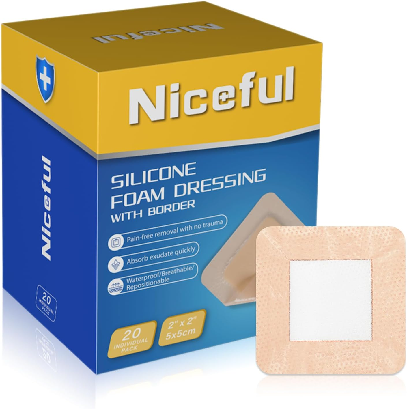 20 Count Silicone Foam Dressing Gentle Border 2 X 2 Inch, Absorbent Silicone Bandages for Wounds, Waterproof Bed Sore Bandages Wound Dressing