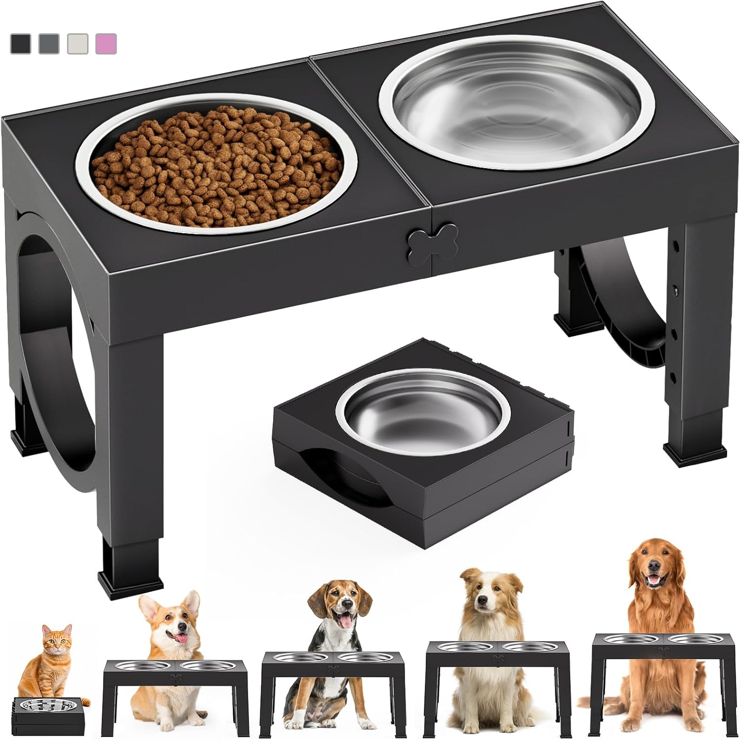 XIAZ Elevated Dog Bowls Large Breed Raised Dogs Bowl Stand Large/Medium Sized Dog Stainless Steel Food Water Bowl Stands 5 Heights Adjustable 9/11/12/14In Black Pet Feeder Dish Station