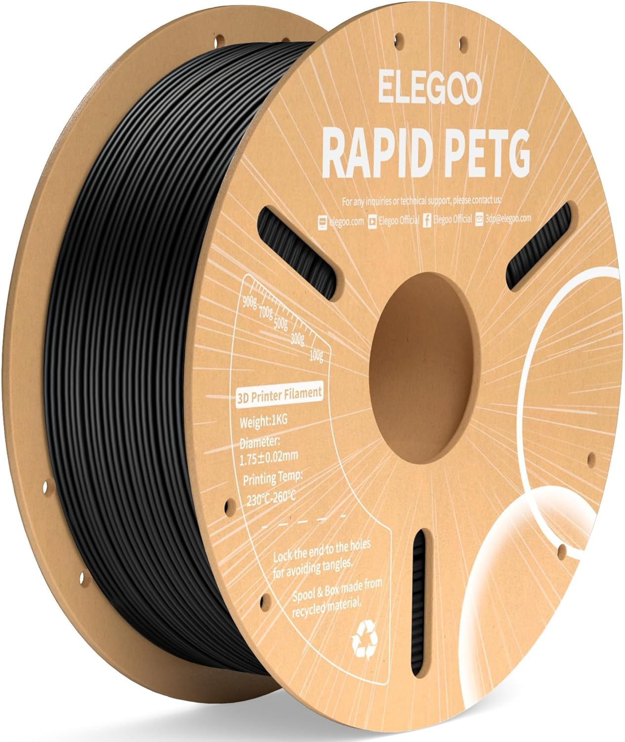 ELEGOO Rapid PETG Filament 1.75Mm Black 1KG, High Speed 600Mm/S 3D Printer Filament Dimensional Accuracy +/- 0.02 Mm, 1Kg Cardboard Spool(2.2Lbs) Fits for Most FDM 3D Printers
