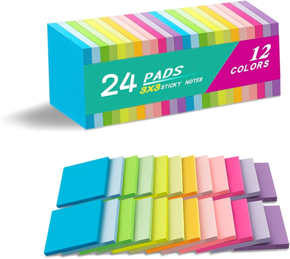(24 Pads) Sticky Notes 3X3 Inches,Bright Colors Self-Stick Pads, Easy to Post for Home, Office, Notebook