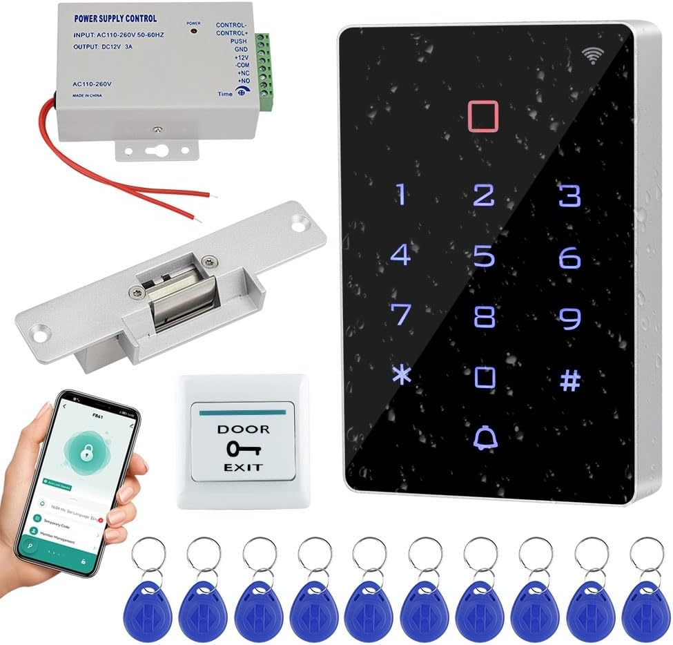 Wifi Tuya APP Access Control System Kit Waterproof RFID Access Control Keypad, Fail-Safeelectric Strike Lock, 12VDC Power Supply Unit, Doorswitch Button, 125Khz RFID Badge Key Fobs